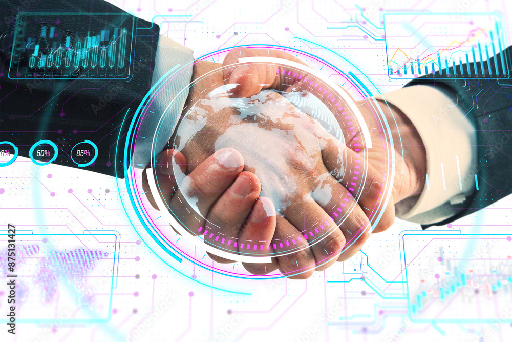 Poster two hands holding a digital globe with futuristic data interfaces, on a white background, concept of
