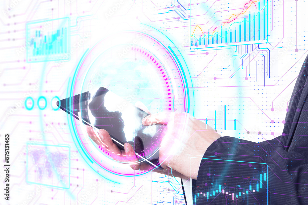 Poster person interacting with futuristic touch interface with digital graphics, against a digitalized back