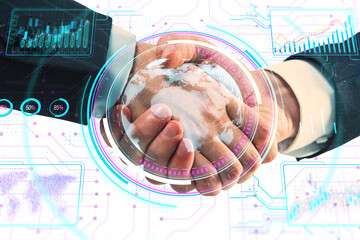 Two hands holding a digital globe with futuristic data interfaces, on a white background, concept of global connectivity