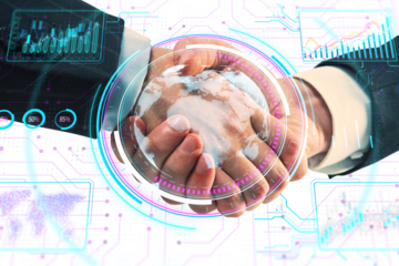 Two hands holding a digital globe with futuristic data interfaces, on a white background, concept of global connectivity