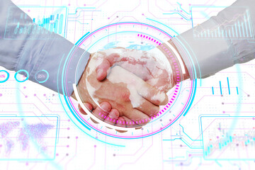 Two hands shaking with a digitalized world map, overlaid with futuristic graphics on a white background, symbolizing global business and technology