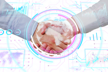 Two hands shaking with a digitalized world map, overlaid with futuristic graphics on a white background, symbolizing global business and technology