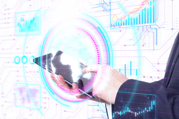 Person interacting with futuristic touch interface with digital graphics, against a digitalized background, concept of technology