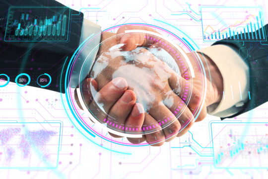 Two hands holding a digital globe with futuristic data interfaces, on a white background, concept of global connectivity