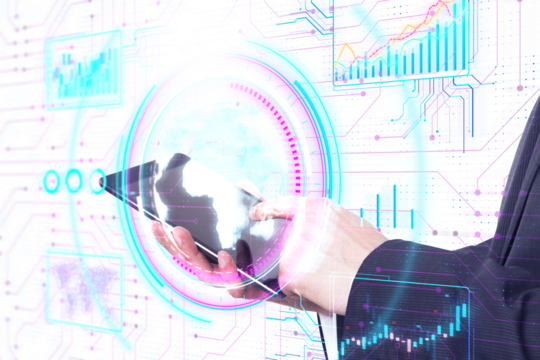 Person interacting with futuristic touch interface with digital graphics, against a digitalized background, concept of technology