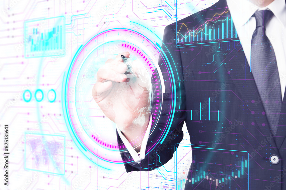 Poster a person in a suit interacting with futuristic holographic interfaces against a digital background, 