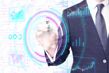 A person in a suit interacting with futuristic holographic interfaces against a digital background, symbolizing modern technology