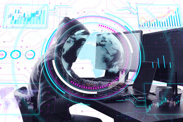 A person in a hoodie working with futuristic digital interface elements and a virtual globe, against a digital plot and circuit backdrop, depicting cybersecurity concept