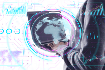 A person interacts with futuristic holographic screens displaying global data, on a digital background, symbolizing advanced technology