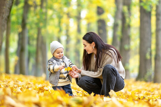 Mother and son playing in fall leaves