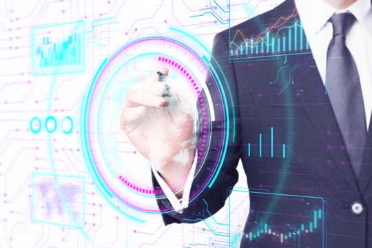 A person in a suit interacting with futuristic holographic interfaces against a digital background, symbolizing modern technology