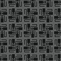seamless repeat pattern abstract cat in white outline style with black background