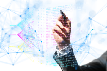 A person interacting with futuristic digital graphics, against a white background, illustrating technology and data concept