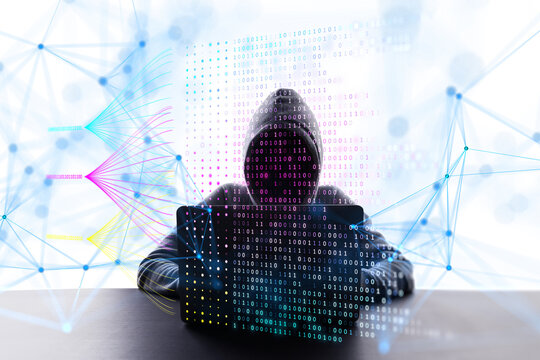 Silhouetted person working with a futuristic interface, binary code and network connections on a semi-transparent screen, concept of technology