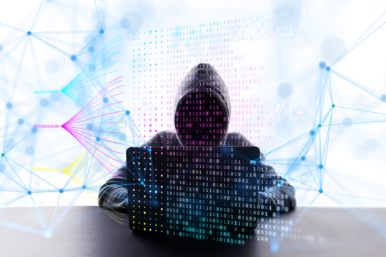 Silhouetted person working with a futuristic interface, binary code and network connections on a semi-transparent screen, concept of technology
