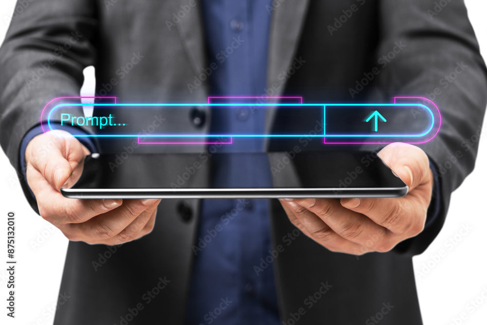 Aufkleber a person in a suit holding a tablet with a futuristic digital interface, on a white background symbo