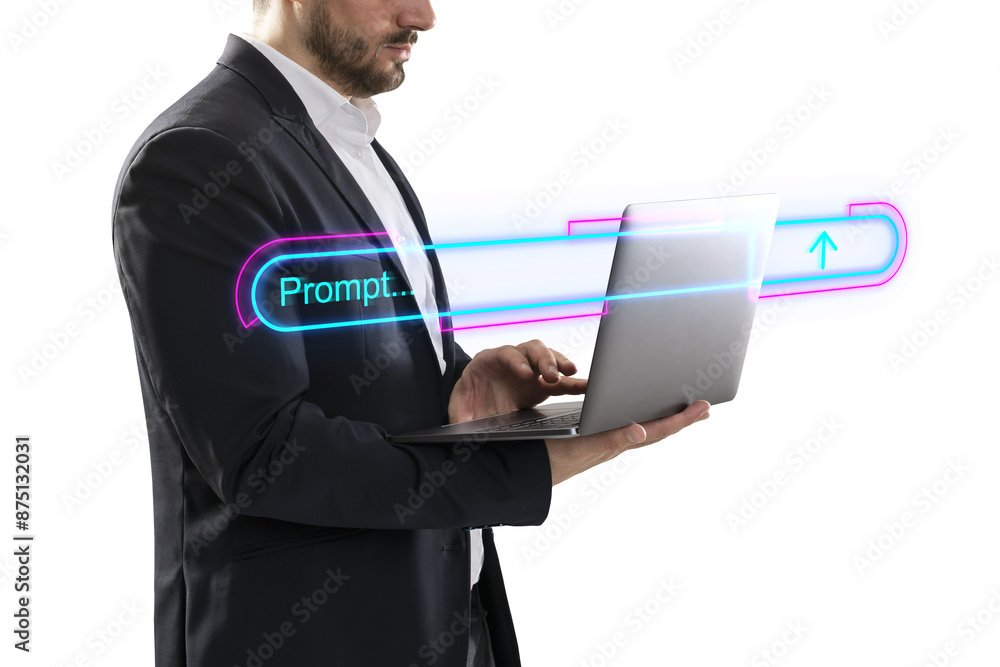 Poster a professional man using a laptop with glowing neon prompt lines, isolated on a white background, co
