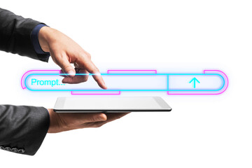 Hand interacting with futuristic interface above a tablet against a white background, depicting a...