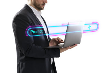 A professional man using a laptop with glowing neon prompt lines, isolated on a white background, conceptualizing technology and innovation