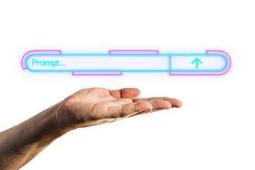 An open hand presenting a glowing neon search bar, with a digital arrow pointing upward, against a white background, illustrating a futuristic search concept