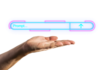 An open hand presenting a glowing neon search bar, with a digital arrow pointing upward, against a white background, illustrating a futuristic search concept