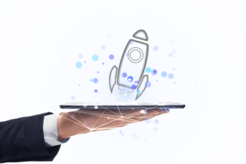 A hand holding a tablet with a rocket illustration launching off the screen on a white background, symbolizing innovation