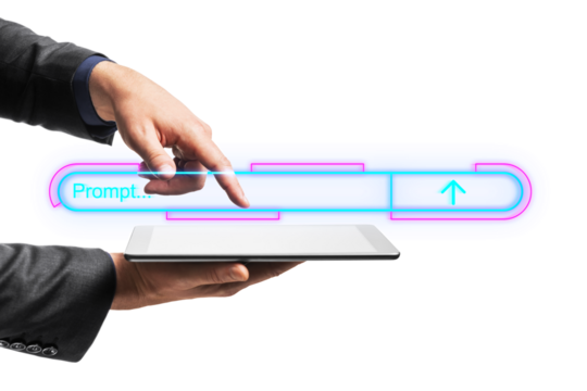 Hand interacting with futuristic interface above a tablet against a white background, depicting a touch technology concept