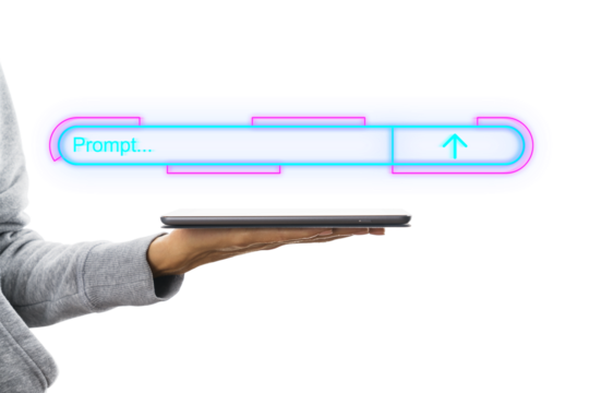 A person's hand holding a tablet displaying a neon loading bar on a white background, symbolizing digital progress