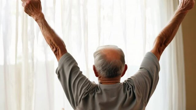 Elderly man practicing yoga asana or sport exercise for legs and hands on chair 