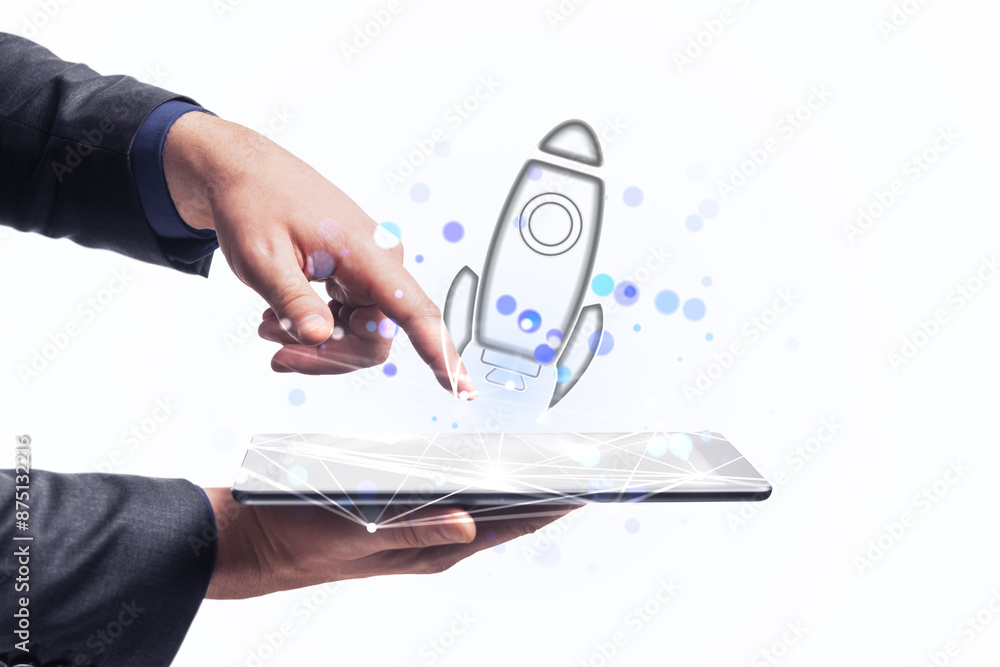 Poster a person interacting with a digital tablet that projects a holographic rocket, symbolizing innovatio