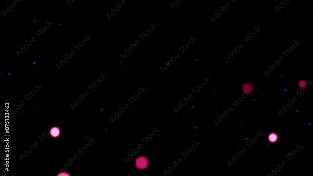 Poster blue pink bokeh particles flying animation on black abstract background for screen project overlay. 