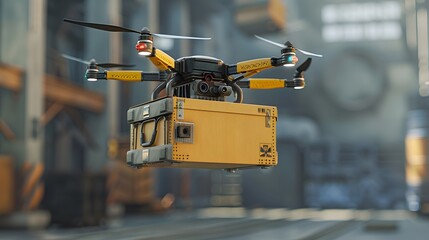 Realistic drone carrying the box, 3d rendering.