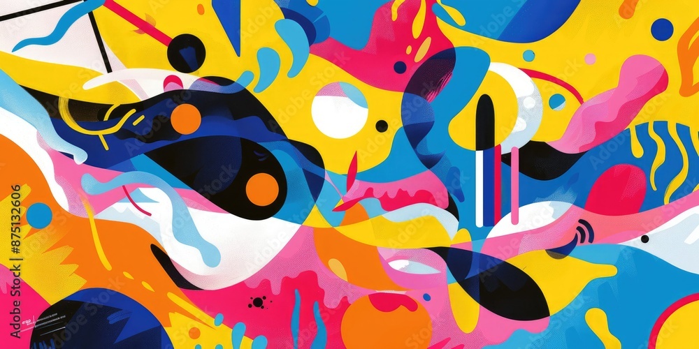 Poster dynamic abstract artwork with bold colors, fluid shapes, and intricate patterns. trendy and visually