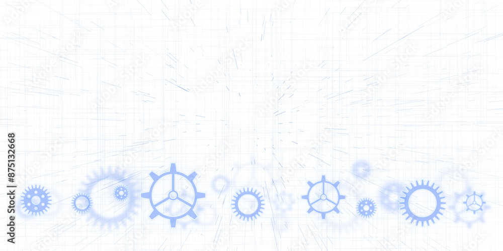 Poster gears and cogs on a blueprint-like white background, symbolizing engineering or mechanical design, l