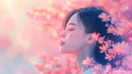 A woman with closed eyes stands in a field of blooming pink flowers, bathed in warm sunlight.