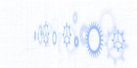 Abstract gears in blue hue on a white background, depicting the concept of engineering or teamwork in a digital drawing style. 3D Rendering