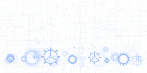 Gears and cogs on a blueprint-like white background, symbolizing engineering or mechanical design,...