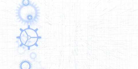 Light blue gears on a digital blueprint background, indicating a technological or engineering concept. 3D Rendering