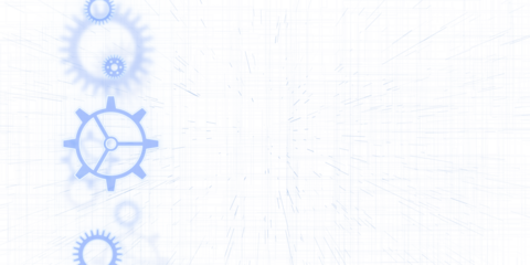 Light blue gears on a digital blueprint background, indicating a technological or engineering concept. 3D Rendering