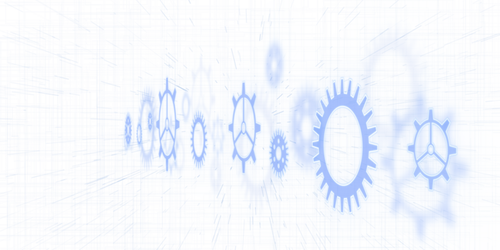 Abstract gears in blue hue on a white background, depicting the concept of engineering or teamwork in a digital drawing style. 3D Rendering