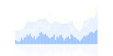Abstract financial chart with uptrend line graph, bar chart, and city silhouette on white background, concept of business growth. 3D Rendering
