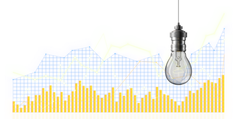 A light bulb over a backdrop of line graphs and bar charts, concept of innovative ideas and analyses. 3D Rendering