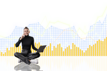 A woman sits cross-legged with a laptop, talking on the phone, against a graphic of financial charts on a white background, depicting productivity
