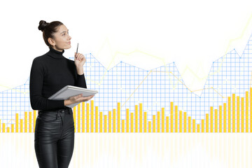 A thoughtful woman with a notepad analyzing colorful bar charts and line graphs on a transparent...