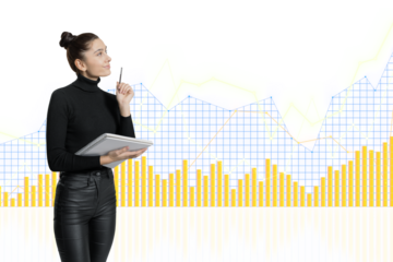 A thoughtful woman with a notepad analyzing colorful bar charts and line graphs on a transparent grid background, concept of data analysis