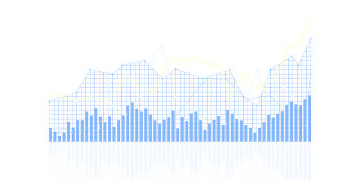 Abstract financial chart with uptrend line graph, bar chart, and city silhouette on white background, concept of business growth. 3D Rendering