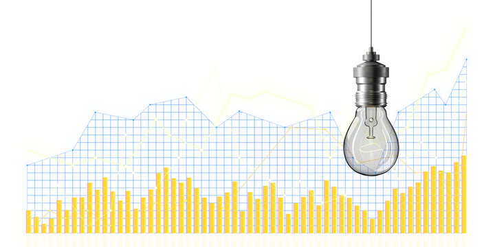 A light bulb over a backdrop of line graphs and bar charts, concept of innovative ideas and analyses. 3D Rendering