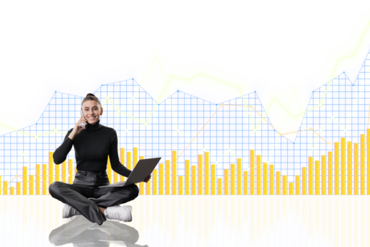 A woman sits cross-legged with a laptop, talking on the phone, against a graphic of financial charts on a white background, depicting productivity