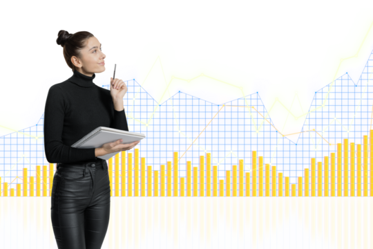 A thoughtful woman with a notepad analyzing colorful bar charts and line graphs on a transparent grid background, concept of data analysis - Powered by Adobe