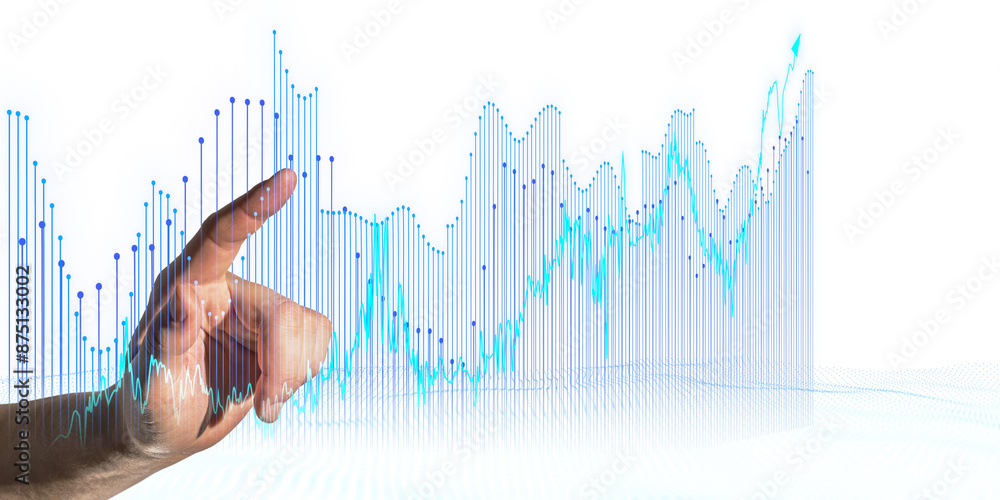 Poster a hand interacting with digital graphs on a clean white background, illustrating data analysis or fi